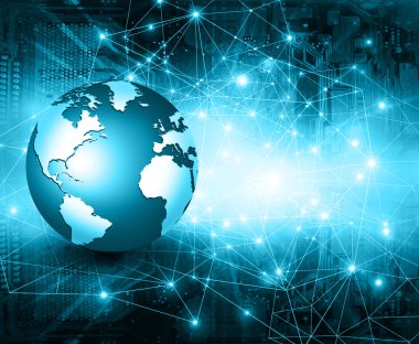 Global iş dünyasının en iyi internet kavramı. Küre, teknolojik arka planda parlayan çizgiler. Elektronik, Wi-Fi, ışınları, sembolleri İnternet, televizyon, mobil ve uydu iletişimi