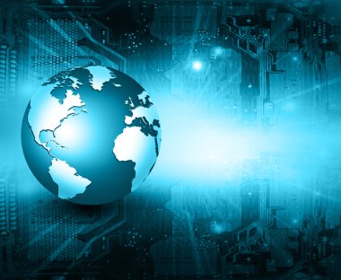 Global iş dünyasının en iyi internet kavramı. Küre, teknolojik arka planda parlayan çizgiler. Elektronik, Wi-Fi, ışınları, sembolleri İnternet, televizyon, mobil ve uydu iletişimi