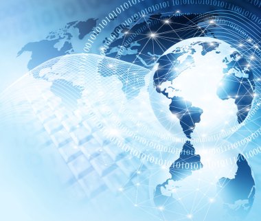Global iş dünyasının en iyi internet kavramı. Küre, teknolojik arka planda parlayan çizgiler. Elektronik, Wi-Fi, ışınları, sembolleri İnternet, televizyon, mobil ve uydu iletişimi