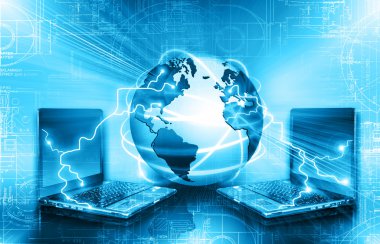 Global iş dünyasının en iyi internet kavramı. Küre, teknolojik arka planda parlayan çizgiler. Elektronik, Wi-Fi, ışınları, sembolleri İnternet, televizyon, mobil ve uydu iletişimi