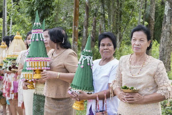 Asiática tailandesa anciana mujer celebración bandeja — Foto de Stock