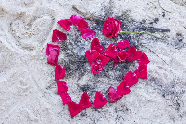 Pétalas de rosa na areia fazem um coração — Fotografia de Stock
