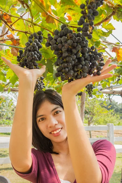 Jovem com uvas ao ar livre — Fotografia de Stock