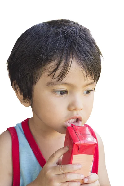 Carino asiatico piccolo ragazzo holding latte — Foto Stock