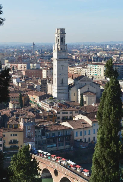 Top View Old Church Bell Tower Bridge Shopping Stalls Adige — Stock Photo, Image