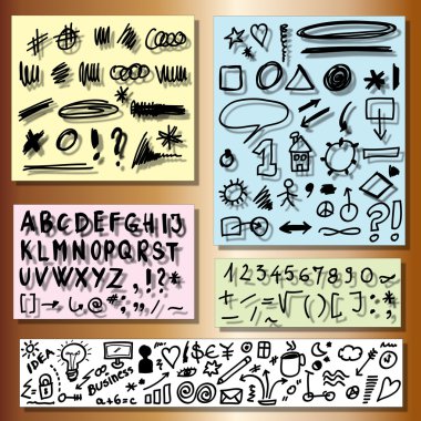 küme iş, alfabe, sayılar, şekil elle çizilmiş öğelerini doodle