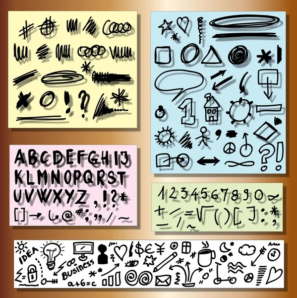 Küme iş, alfabe, sayılar, şekil elle çizilmiş öğelerini doodle — Stok fotoğraf