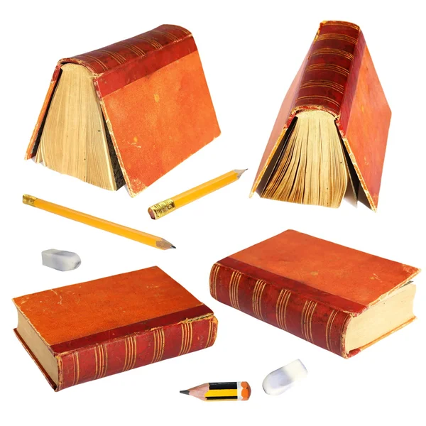 Eski kitap, kalem ve silgi beyaz arka plan üzerinde izole ayarla — Stok fotoğraf