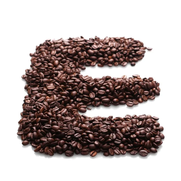 Γράμμα e, αλφάβητο από κόκκους καφέ που απομονώνονται σε λευκό φόντο — Φωτογραφία Αρχείου