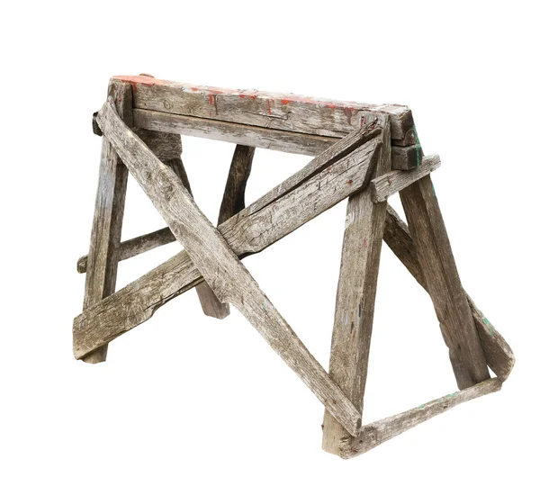 Old construction wooden ladder covered in paint, dirt and tape, wooden stand — Stock Photo, Image