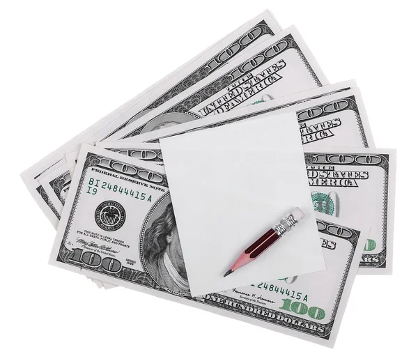 Leere Notizbuchseite und Geld, 100 Dollar und Bleistift, isoliert auf weißem Hintergrund, mit Ausschnittpfad — Stockfoto
