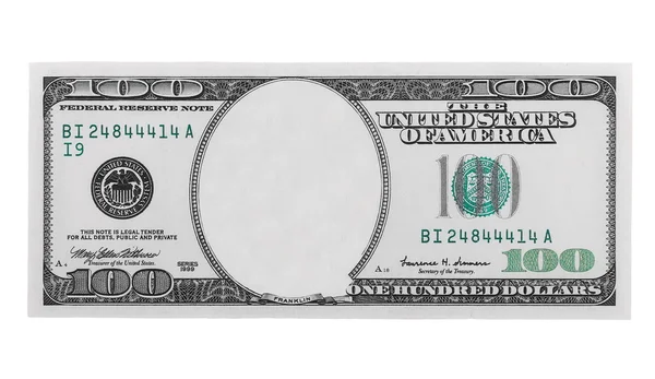 Billete de banco de cien dólares en blanco aislado sobre fondo blanco, con ruta de recorte — Foto de Stock