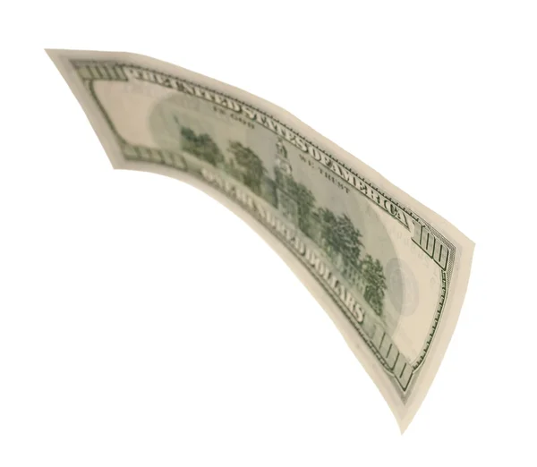 Uçan 100 dolarlık banknot üzerinde beyaz izole — Stok fotoğraf