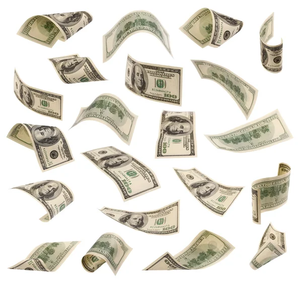 Hundred dollar bills falling isolated on white — Stock Photo, Image