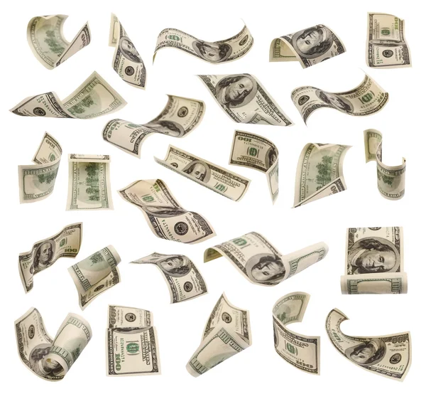 Yüz dolarlık banknotlar uçan kümesi üzerinde beyaz izole — Stok fotoğraf