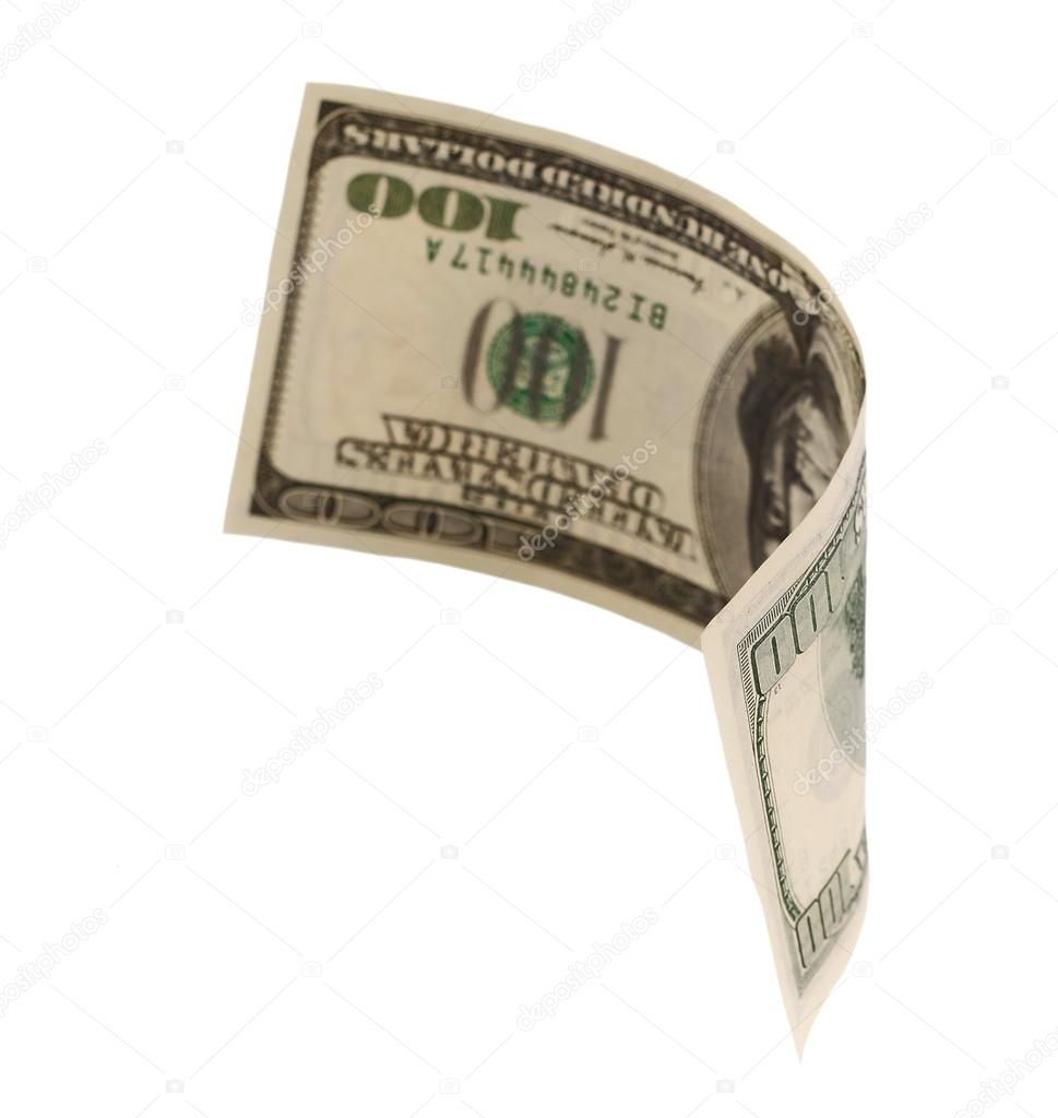 Flying Hundred Dollar Banknote Isolated On White Stock - 
