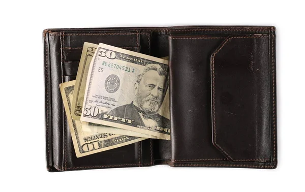 Amerikanska Dollarsedlar Gammal Brun Läder Plånbok Isolerad Vit Bakgrund Ovanifrån — Stockfoto