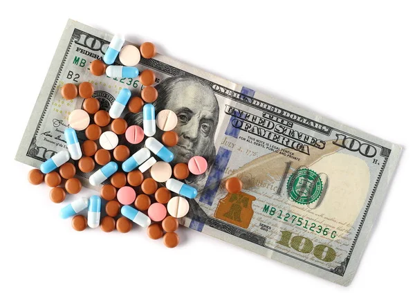 Amerykańskie Banknoty Dolarowe Narkotykami Pieniędzmi Tabletkami Odizolowanymi Białym Tle Widok — Zdjęcie stockowe
