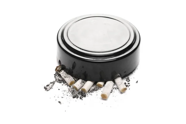 Tapones Cigarrillos Colillas Pila Ceniza Con Cenicero Aislado Sobre Fondo —  Fotos de Stock