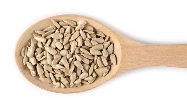 Peeled Sunflower Seeds Wooden Spoon Isolated White Background Top View — Stock Photo, Image