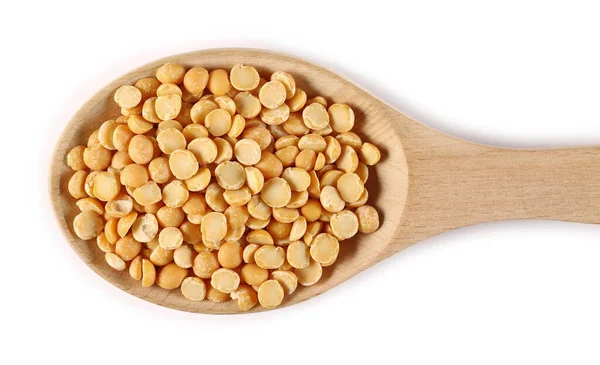 Guisantes Divididos Amarillos Cuchara Madera Aislados Sobre Fondo Blanco Vista — Foto de Stock