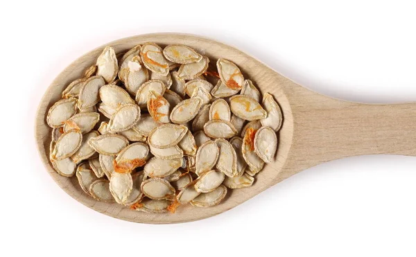 Dry Muscat Squash Seeds Wooden Spoon Isolated White Background Top — Stock Photo, Image