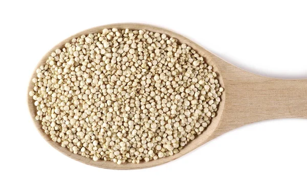 Ekologiska Quinoa Frön Trä Sked Isolerad Vit Bakgrund Ovanifrån — Stockfoto