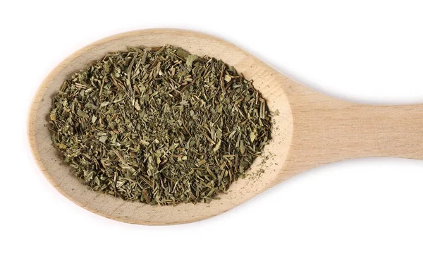 Dry Chopped Nettle Pile Wooden Spoon Isolated White Background Top — Stock Photo, Image