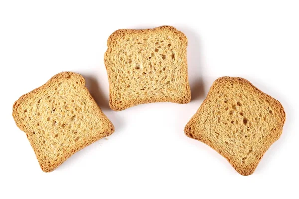 Drei Vollkorncracker Zwieback Toastscheiben Isoliert Auf Weißem Hintergrund Draufsicht — Stockfoto