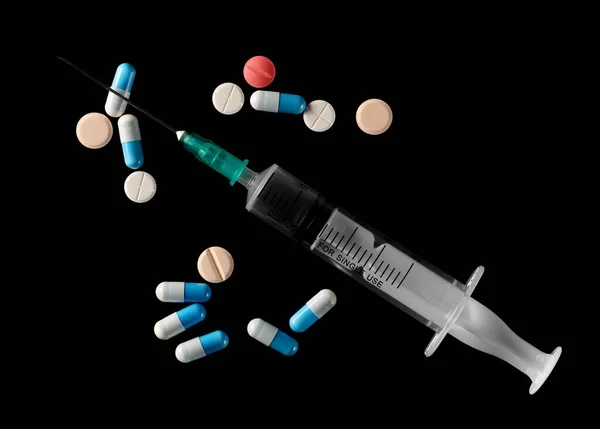 Syringe Needle Pills Tablets Isolated Black Background Drugs Top View — Stock Photo, Image