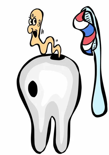Карикатурные зубы, зубная паста, зубная щетка и кариес — стоковое фото