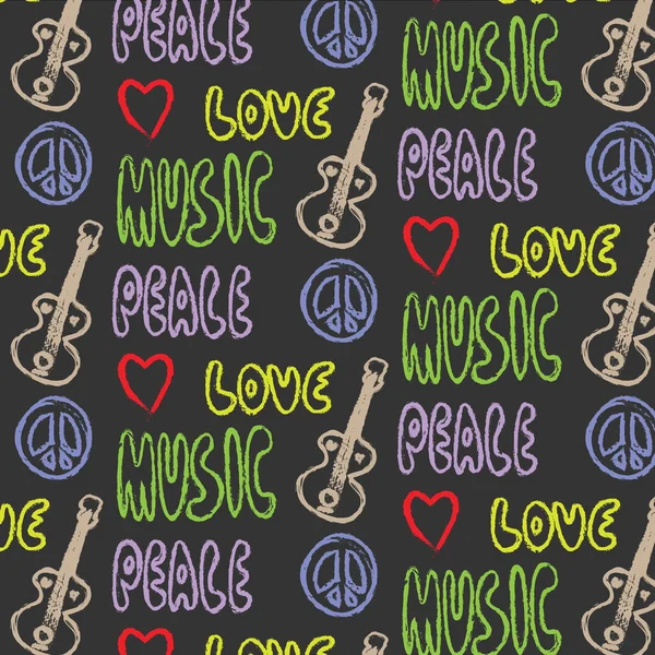 Doodle grunge pattern Peace, Love and Music — Stock Photo, Image