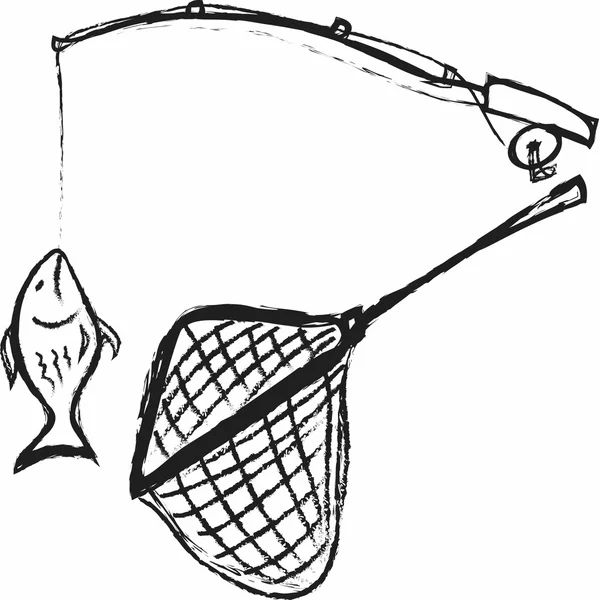 Doodle Fishing rod, hooked fish and fishing net — Stock Photo, Image