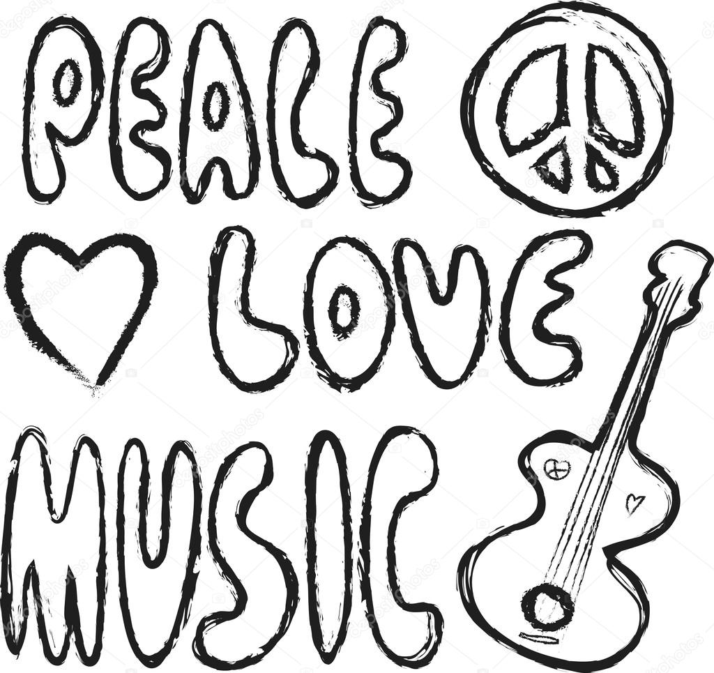 Doodle grunge Peace, Love and Music design material isolated on white