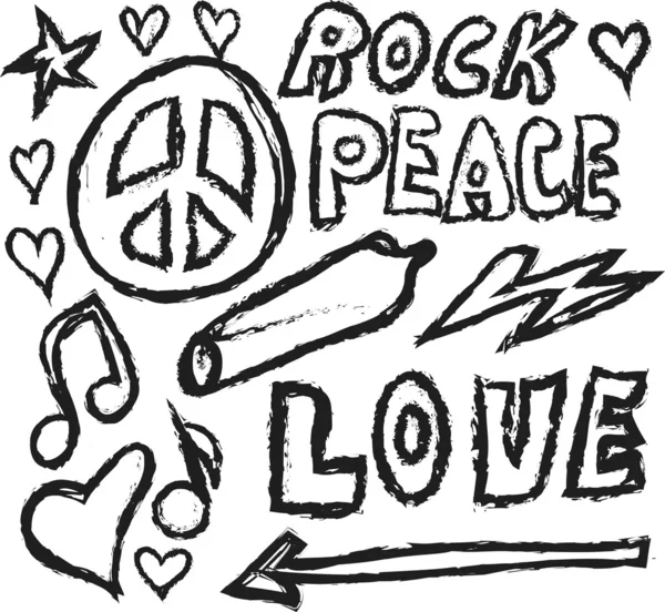 Doodle Grunge Peace, Love, Joint und Musik Design Material isoliert auf weiß — Stockfoto