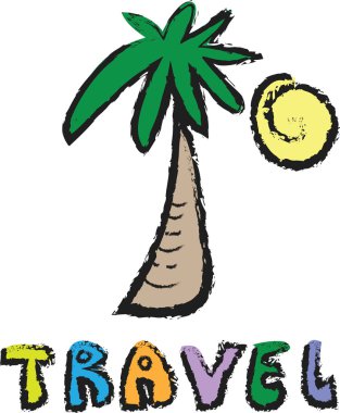 Cartoon tropcial island, sun and word travel  isolated on white background clipart
