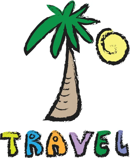 Rajzfilm tropcial sziget, a nap és a word utazási elszigetelt fehér background — Stock Fotó