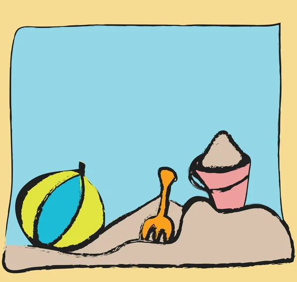 Çizgi film kova, top, kum, plaj — Stok fotoğraf