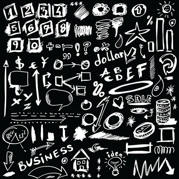 Set doodle abstract business icons isolated on black — Stock Photo, Image