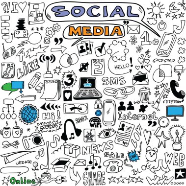 Sosyal medya işareti ve sembol büyük set elle çizilmiş örnek öğeleri doodles
