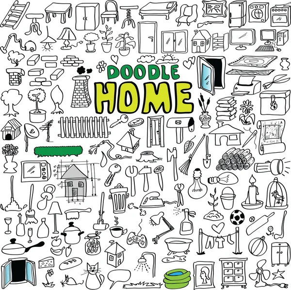 Conjunto grande doodle casa edifícios, aparelhos, ferramentas, objeto, isolado no fundo branco — Fotografia de Stock