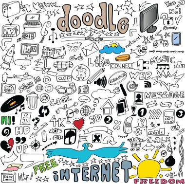 Büyük küme Internet iletişim izole üzerinde beyaz arka plan, illüstrasyon tasarım öğeleri doodles
