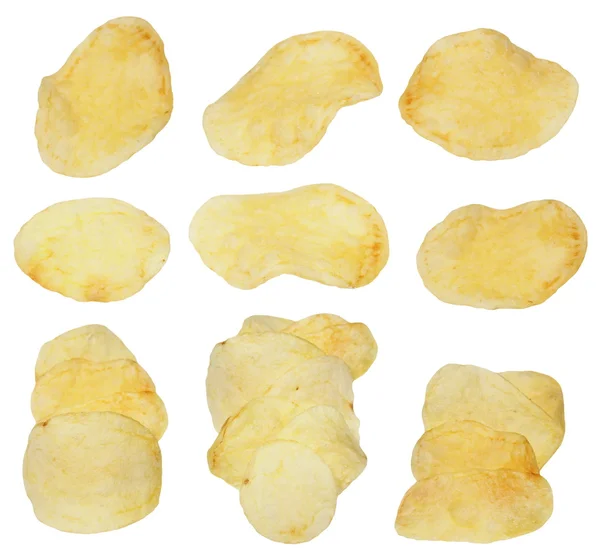Zestaw chipsy ziemniaczane izolowane na białym tle — Zdjęcie stockowe