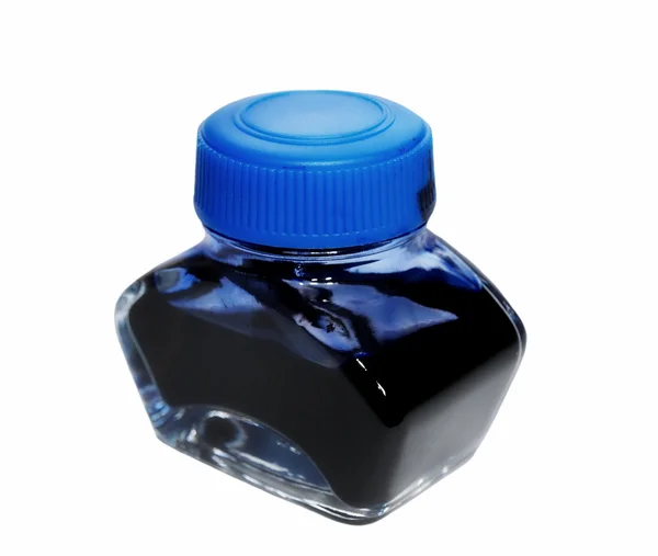 Blue writing ink bottle half empty, isolated on white background — Stock Photo, Image