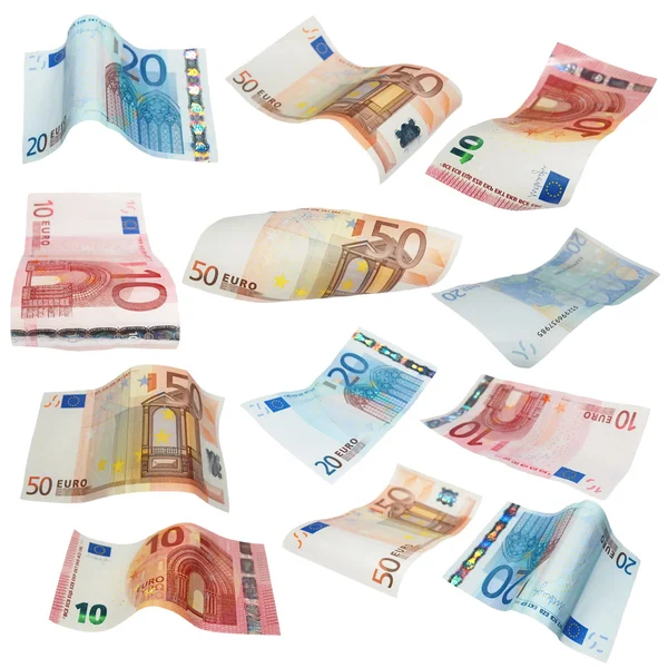 Flying Euro banknotes isolated on white background, with clipping path — Stock Photo, Image