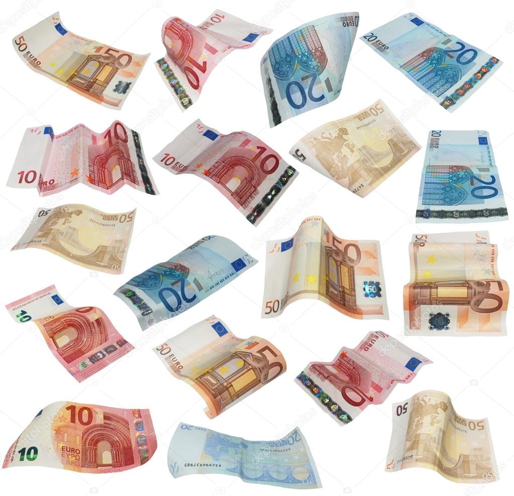 Flying Euro banknotes isolated on white background