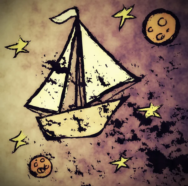 Doodle konceptet grunge segelbåt i rymden, solar segling — Stockfoto