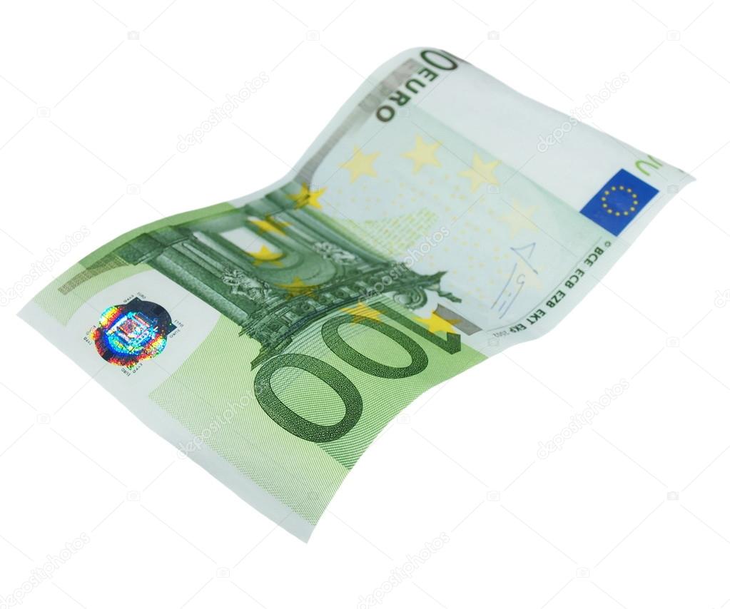 Flying one banknote 100 euro isolated on white