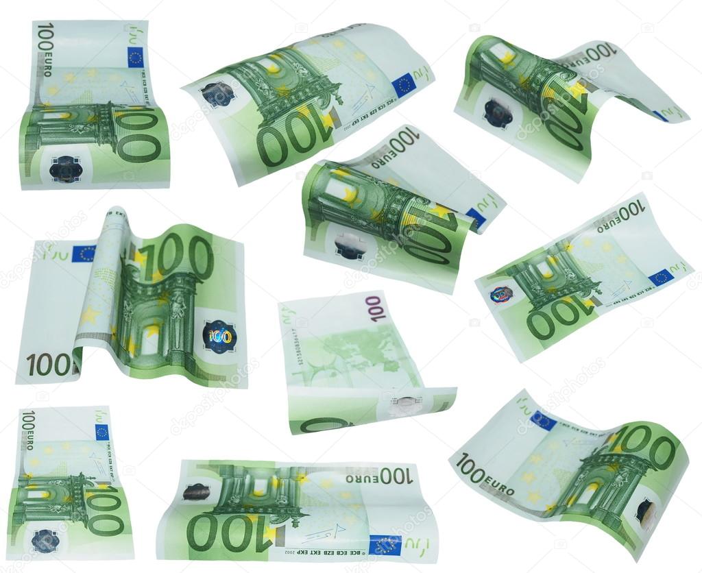 flying banknote 100 one hundred euro isolated on white background