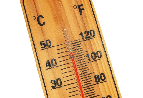 Sluit van de houten celsius, fahrenheit thermometer — Stockfoto